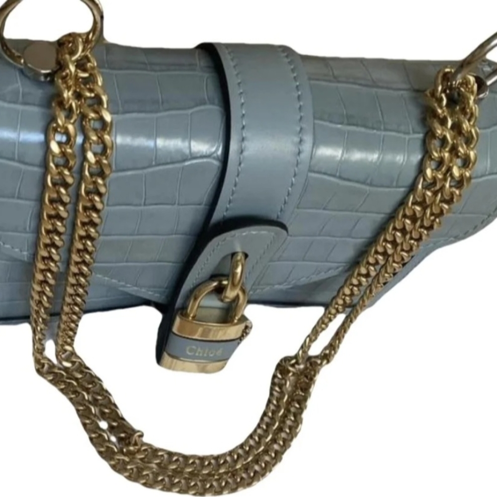 Chloe Aby Blue Croc-Embossed Bag with Gold Chain And Locket